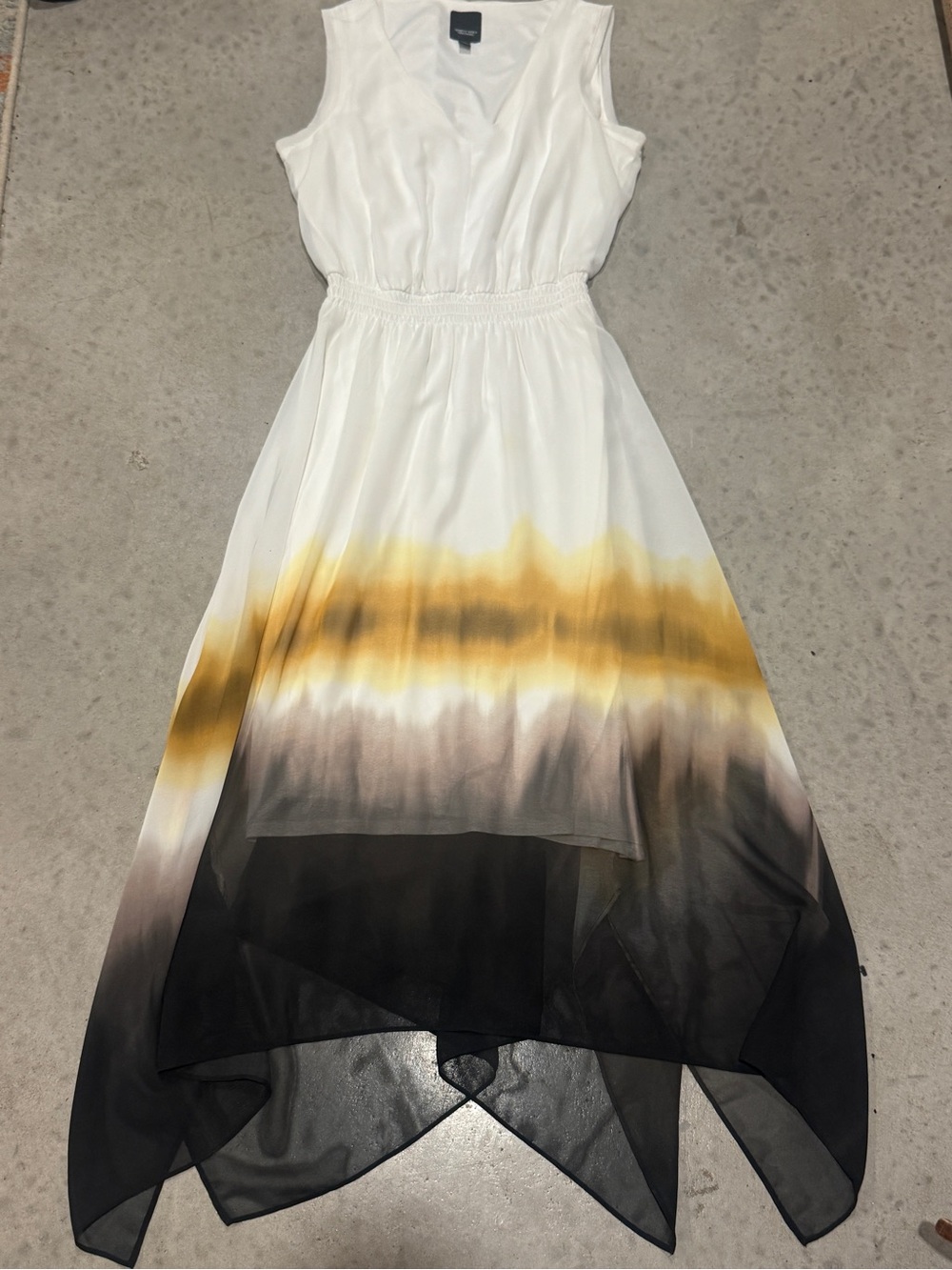 Sleeveless White Ombre Handkerchief Hem Dress with Yellow and Black Accent